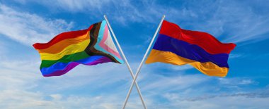 İlerlemenin bayraklarını aştı lgbt gururu ve bulutlu gökyüzünde rüzgarda dalgalanan Ermenistan bayrağı. Özgürlük ve aşk kavramı. Gurur ayı. Eylemcilik, toplum ve özgürlük kavramı. Uzayı kopyala 3d illüstrasyon