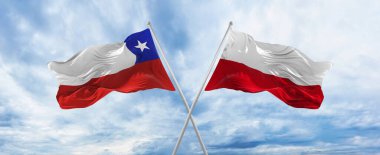 Şili 'nin ulusal bayraklarını aştı ve bulutlu gökyüzünde rüzgarda dalgalanan Polonya bayrağı. İlişkiyi, diyaloğu, iki ülke arasında seyahat etmeyi sembolize ediyor. Boşluğu kopyala