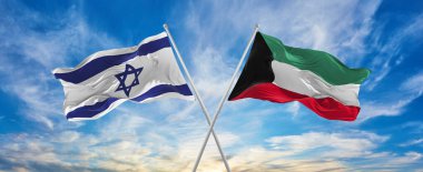 İsrail ve Kuveyt 'in ulusal bayraklarını aştı bulutlu gökyüzünde rüzgarda dalgalanan bayrak. İlişkiyi, diyaloğu, iki ülke arasında seyahat etmeyi sembolize ediyor. Uzayı kopyala 3d illüstrasyon