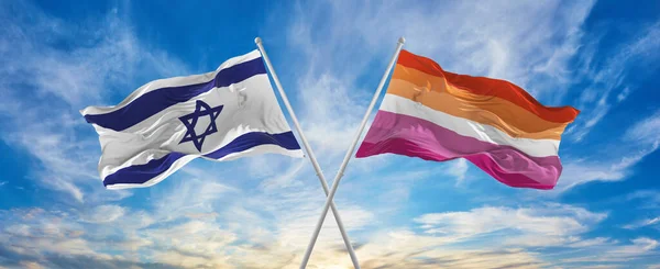 Israelin Kansallisliput Lesbo Pride Lippu Liehuivat Tuulessa Pilvisellä Taivaalla Symboloi — kuvapankkivalokuva