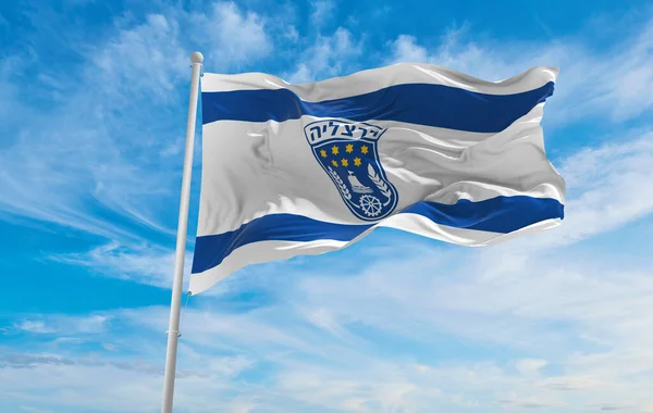 Bandera Herzliya Israel Fondo Nublado Del Cielo Puesta Del Sol — Foto de Stock