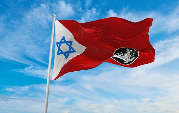 Flagga Idf Home Front Command Israel Molnig Himmel Bakgrund Solnedgången — Stockfoto