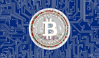 Virginia Eyaleti bayrağı ve Bitcoin, Birleşik Devre Kurulu modeli. Bitcoin Stok Büyümesi. ABD 'deki kripto para birimi ve engelleme teknolojisi yatırımcıları için kavramsal görüntü
