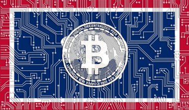 ABD 'nin Wyoming Eyaleti ve Bitcoin bayrağı, Birleşik Devre Kurulu modeli. Bitcoin Stok Büyümesi. ABD 'deki kripto para birimi ve engelleme teknolojisi yatırımcıları için kavramsal görüntü