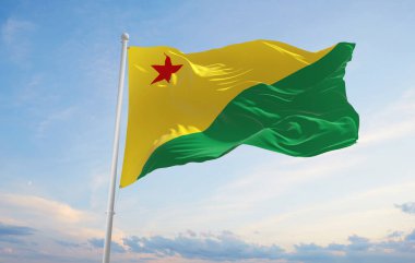 Acre bayrağı, Brezilya, bulutlu arka plan günbatımında, panoramik manzara. Brezilya seyahati ve vatanseverlik kavramı. Geniş afiş afiş için boşluk kopyala. 3d illüstrasyon