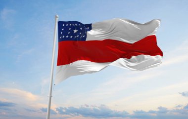 Amazon bayrağı, Brezilya, bulutlu arka plan günbatımında, panoramik manzara. Brezilya seyahati ve vatanseverlik kavramı. Geniş afiş afiş için boşluk kopyala. 3d illüstrasyon