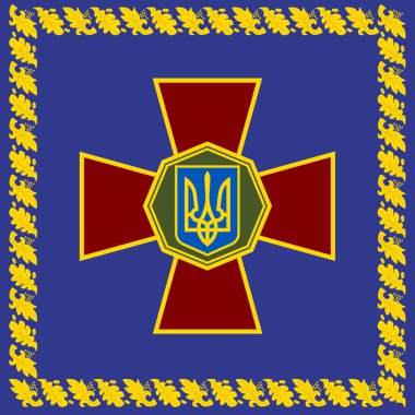 Ulusal Muhafız Teşkilatı Başkomutanı Ukrayna bayrağının en üst düzey görüntüsü. Ukrayna seyahati ve vatanseverlik kavramı. Bayrak direği yok. Uçak düzeni, tasarım. Bayrak arkaplanı