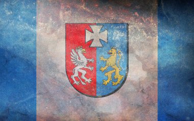 Retro bayrağın üst görüntüsü Voyvoda, wojewodztwo podkarpackie, Polonya grunge desenli. Polonya seyahati ve vatanseverlik kavramı. Bayrak direği yok. Uçak düzeni, tasarım. Bayrak arkaplanı