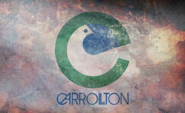 Carrollton, Texas 'ın retro bayrağının en üst görüntüsü, Amerika' nın bağsız ve grunge dokulu eyaletleri. ABD vatanseverliği ve seyahat konsepti. Bayrak direği yok. Uçak tasarımı, tasarım. Bayrak arkaplanı