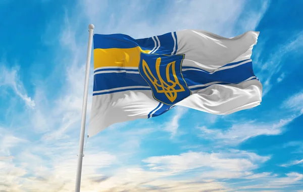 Vlajka Ukrajinského Ministra Obrany Pohled Ukrajina Oblačném Pozadí Oblohy Při — Stock fotografie