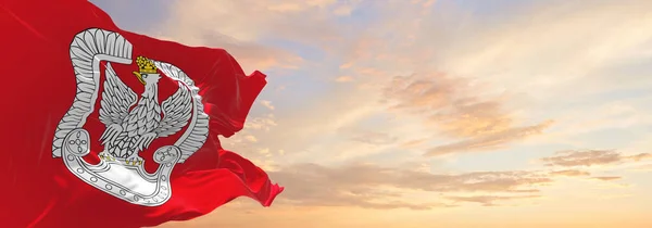 Bandeira Força Aérea Polônia Fundo Céu Nublado Pôr Sol Vista Imagem De Stock