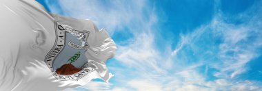 Morelos bayrağı, Meksika, bulutlu arka plan günbatımında, panoramik manzara. Meksika seyahati ve vatanseverlik kavramı. Geniş afiş afiş için boşluk kopyala. 3d illüstrasyon