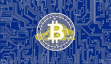 Oregon Eyaleti bayrağı ve Bitcoin, Birleşik Devre Kurulu modeli. Bitcoin Stok Büyümesi. ABD 'deki kripto para birimi yatırımcıları için Engelleme Teknolojisi ve Kavramsal Görüntü