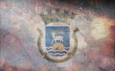 San Juan, Porto Riko 'nun retro bayrağının üst görüntüsü. Bağlanmamış Amerikan devletleri. ABD vatanseverliği ve seyahat konsepti. Bayrak direği yok. Uçak tasarımı, tasarım. Bayrak arkaplanı