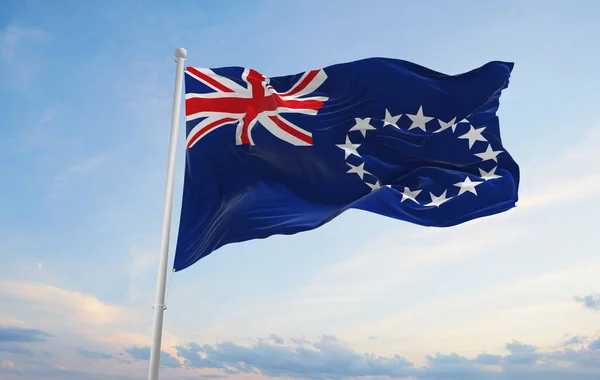 Official Flag Cook Islands Cloudy Sky Background Sunset Panoramic View Stock Picture