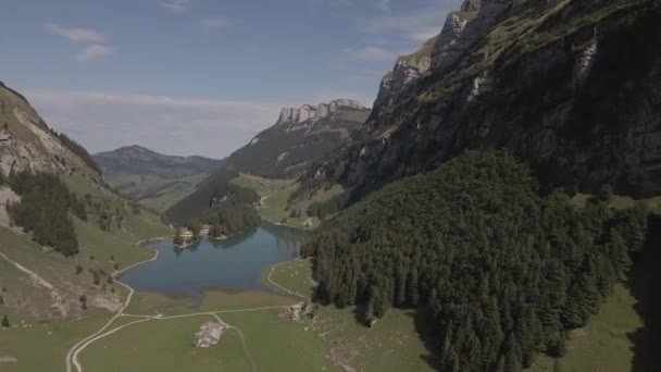 Sjön Hjärtat Ebenalp Bergen Schweiz Sett Utifrån Drönare — Stockvideo