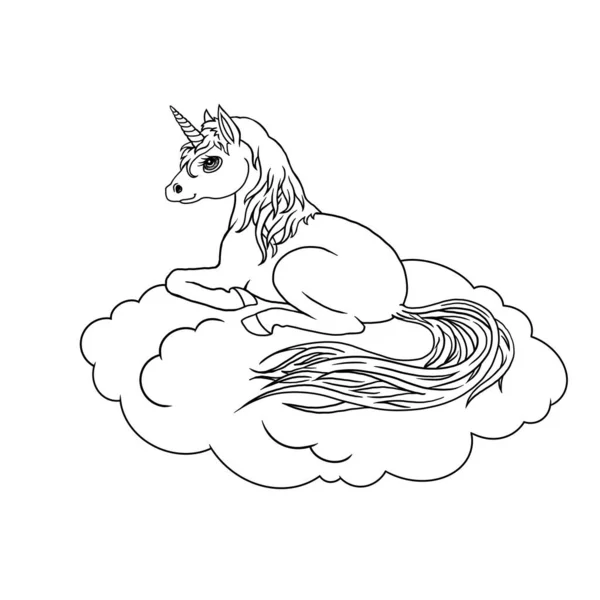 Linea de arte lindo unicornio acostado en la nube. Esquema negro aislado sobre fondo blanco. Vista lateral. Líneas curvas. Página del libro para colorear. —  Fotos de Stock
