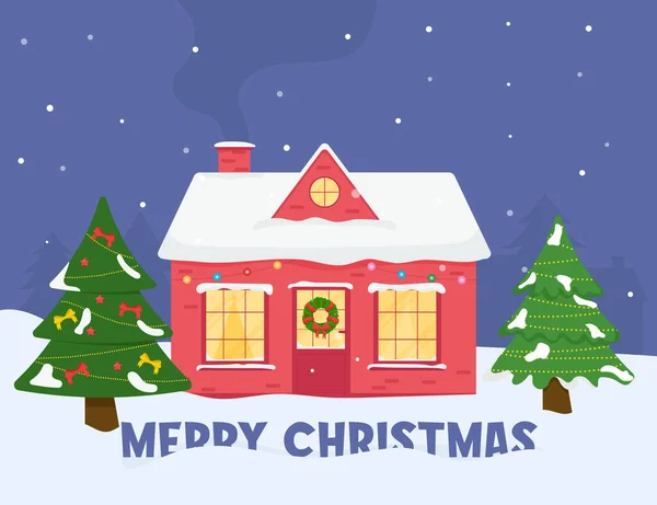 Οικογενειακό σπίτι. Καλά Χριστούγεννα χειμώνα. Χριστουγεννιάτικος χαιρετισμός — Διανυσματικό Αρχείο