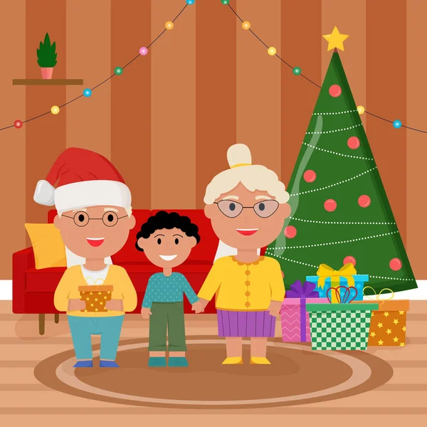 Familia en Navidad. Familia de pie cerca del árbol de Navidad y la decoración. Abuelos felicitan a su nieto — Archivo Imágenes Vectoriales