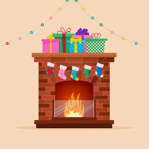 Chimenea de Navidad con decoración de calcetines y árbol de Navidad. Feliz Navidad. — Vector de stock