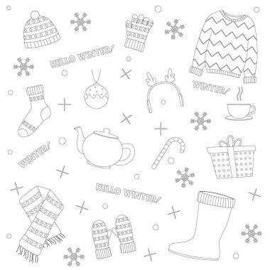 Güzel kış kıyafetleri seti, her amaç için harika bir tasarım. Düz vektör çizimi. Renk Kitabı.