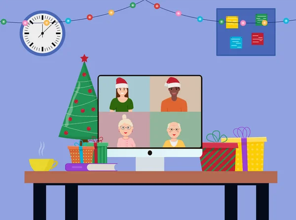 Vánoce Nový Rok Line Oslavy Party Online Videohovor Plochá Vektorová — Stockový vektor