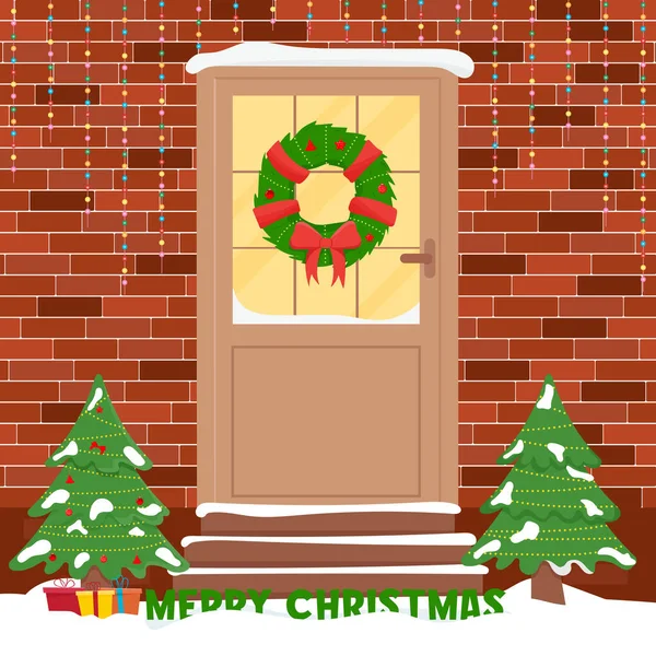 Puerta Navidad Con Decoraciones Puerta Delantera Invierno — Vector de stock