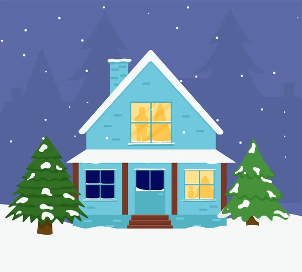 Családi Ház Boldog Karácsonyt Karácsonyi Üdvözlés — Stock Vector