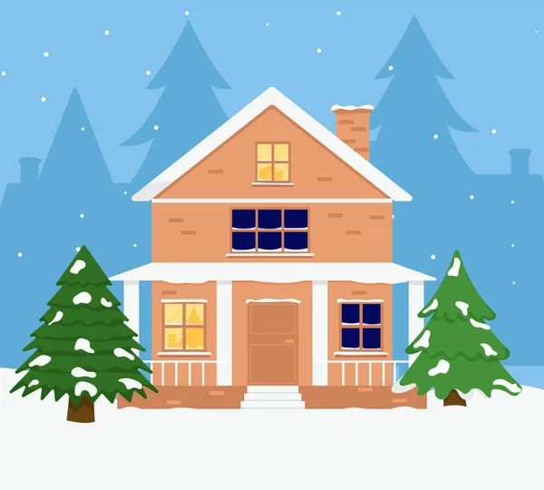 Casa Familiar Feliz Invierno Navidad Saludo Navidad — Archivo Imágenes Vectoriales