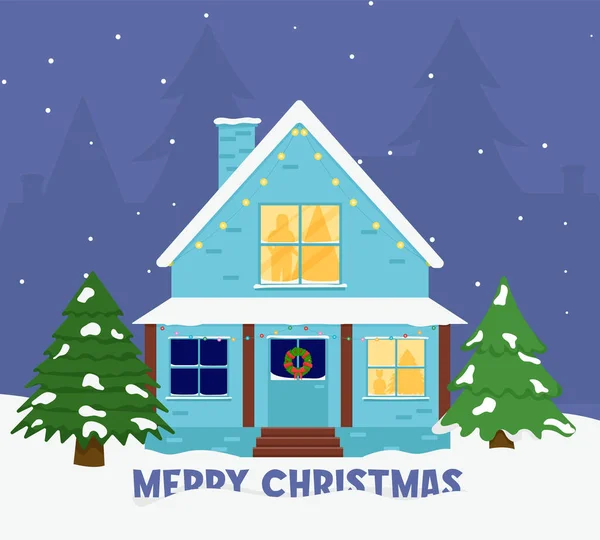 Casa Familiar Feliz Invierno Navidad Saludo Navidad — Vector de stock