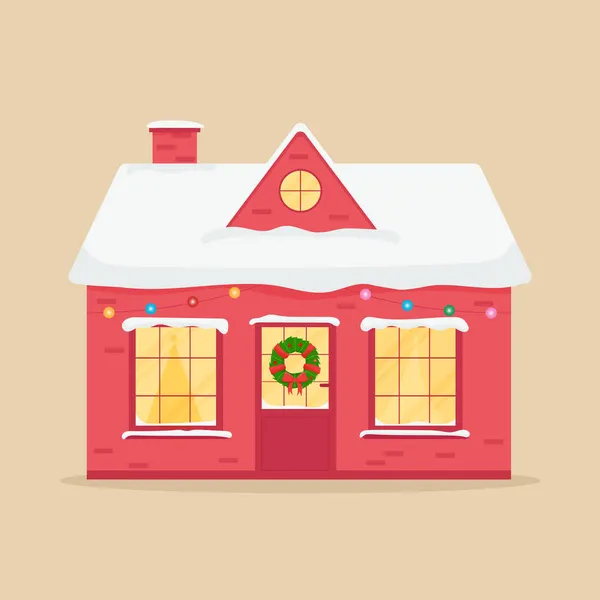 Casa Familiar Feliz Invierno Navidad Ilustración Vectorial Plana — Archivo Imágenes Vectoriales