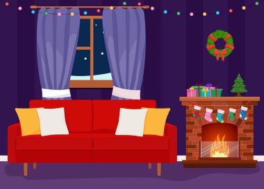 Noel odasının içi. Noel ağacı, hediye, şömine ve dekorasyon.
