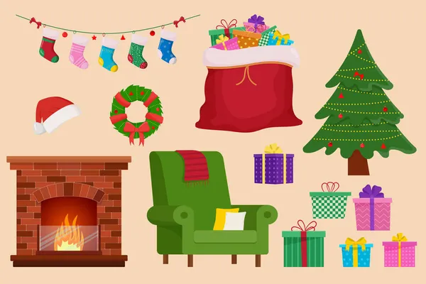 Objetos Navideños Ilustración Colección Objetos Vacaciones Chimenea Sofá Bolsa Santa — Vector de stock