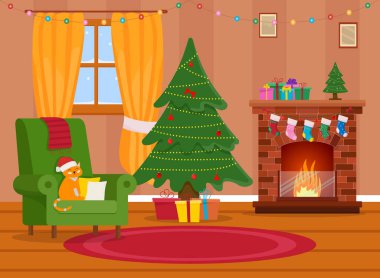 Noel odasının içi. Noel ağacı, hediye, şömine ve dekorasyon