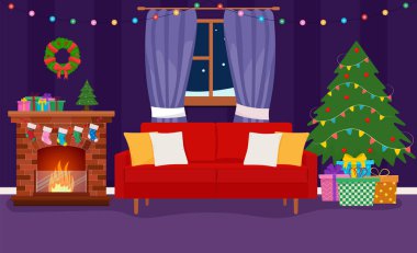 Noel odasının içi. Noel ağacı, hediye, şömine ve dekorasyon