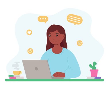 Dizüstü bilgisayarlı kadın. Çalışma, serbest çalışma, öğrenim, eğitim ve evden çalışma kavramları.