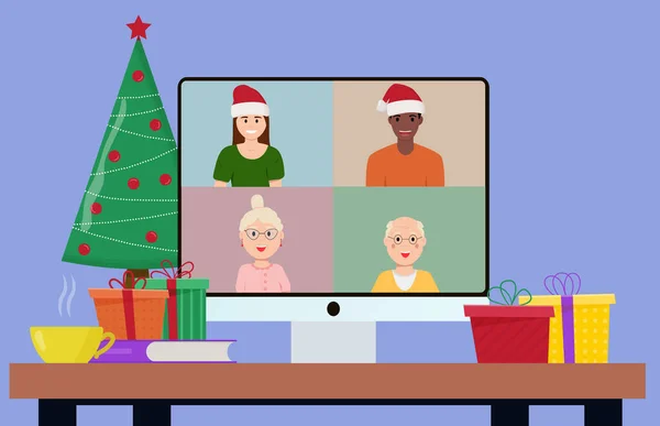 Vánoce a Nový rok on-line oslavy. Party online, videohovor. Plochá vektorová ilustrace. — Stockový vektor