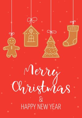 Mutlu Noeller ve yeni yıl kartı. Zencefilli kurabiye. Selamlar ve davetiyeler için kış kartı tasarımı illüstrasyonu