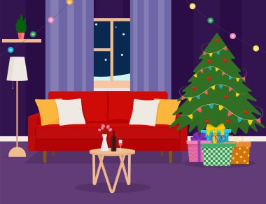Noel odasının içi. Noel ağacı, hediye ve süsleme