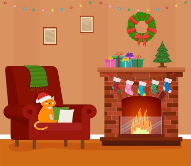 Noel odasının içi. Noel ağacı, hediye, şömine ve dekorasyon