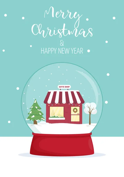 메리 크리스마스와 신년 카드. 빙상에서의 겨울 의경 이로운 장면. 인사를 위한 겨울 카드 디자인 일러스트, 초대 — 스톡 벡터