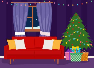 Noel odasının içi. Noel ağacı, hediye ve süsleme