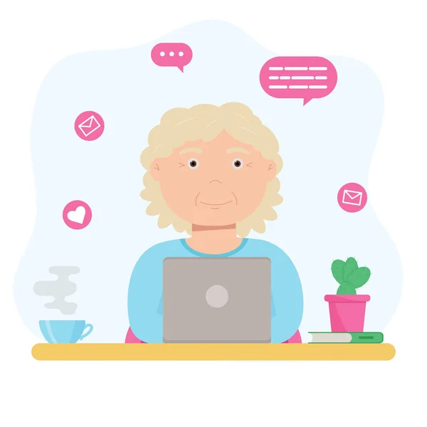 Šťastná babička s laptopem. Stará žena pomocí počítače komunikovat na internetu — Stockový vektor
