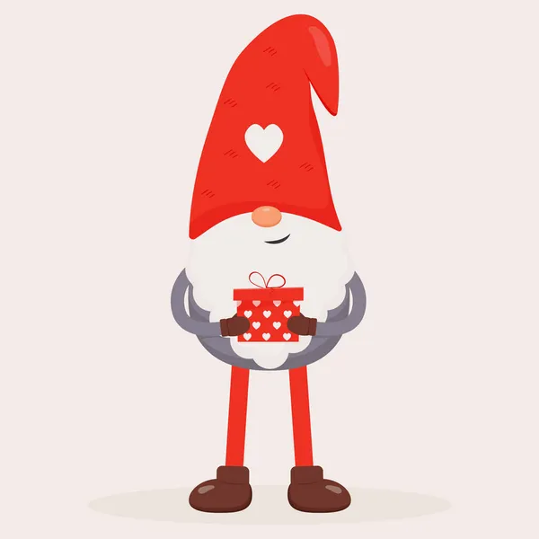 Милий Валентинів гном з червоним подарунком у руках. Плоска векторна ілюстрація для подарунка Дня святого Валентина, карта, друк, прикраса — стоковий вектор