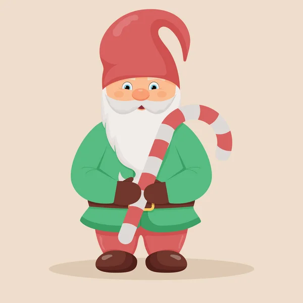 Mignon petit gnome avec une canne à bonbons dans ses mains. Noël et Nouvel An caractère. — Image vectorielle