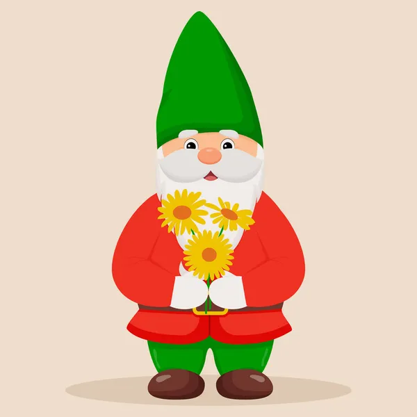 Mignon nain de jardin avec des fleurs dans ses mains. — Image vectorielle