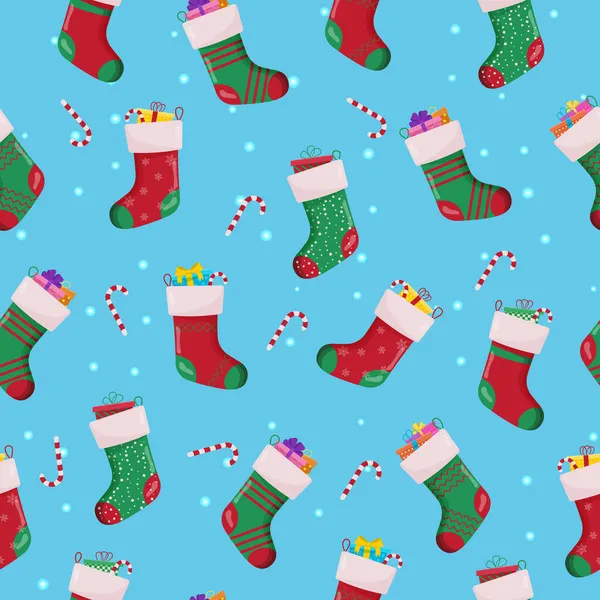 Set Weihnachtssocken in roten und grünen Farben mit nahtlosem Muster. Winterzubehör — Stockvektor