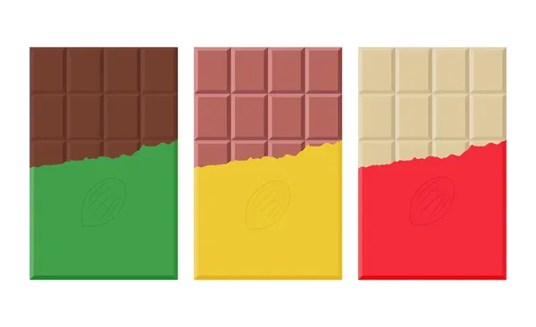 Conjunto de escuro, leite e barra de chocolate branco em um pacote aberto sobre fundo branco. Ilustração vetorial plana — Vetor de Stock