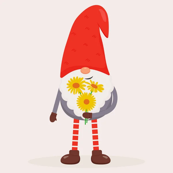 Mignon gnome de Saint-Valentin avec des fleurs dans ses mains. Illustration vectorielle plate pour Saint-Valentin cadeau, carte, impression, décoration — Image vectorielle