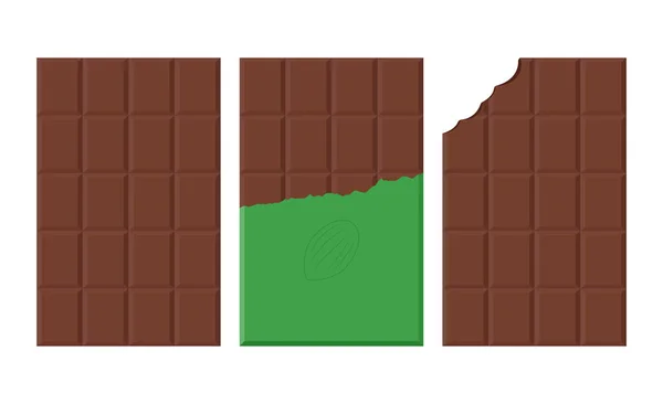 Conjunto de barra de chocolate negro en un paquete abierto sobre fondo blanco. Ilustración vectorial plana — Vector de stock
